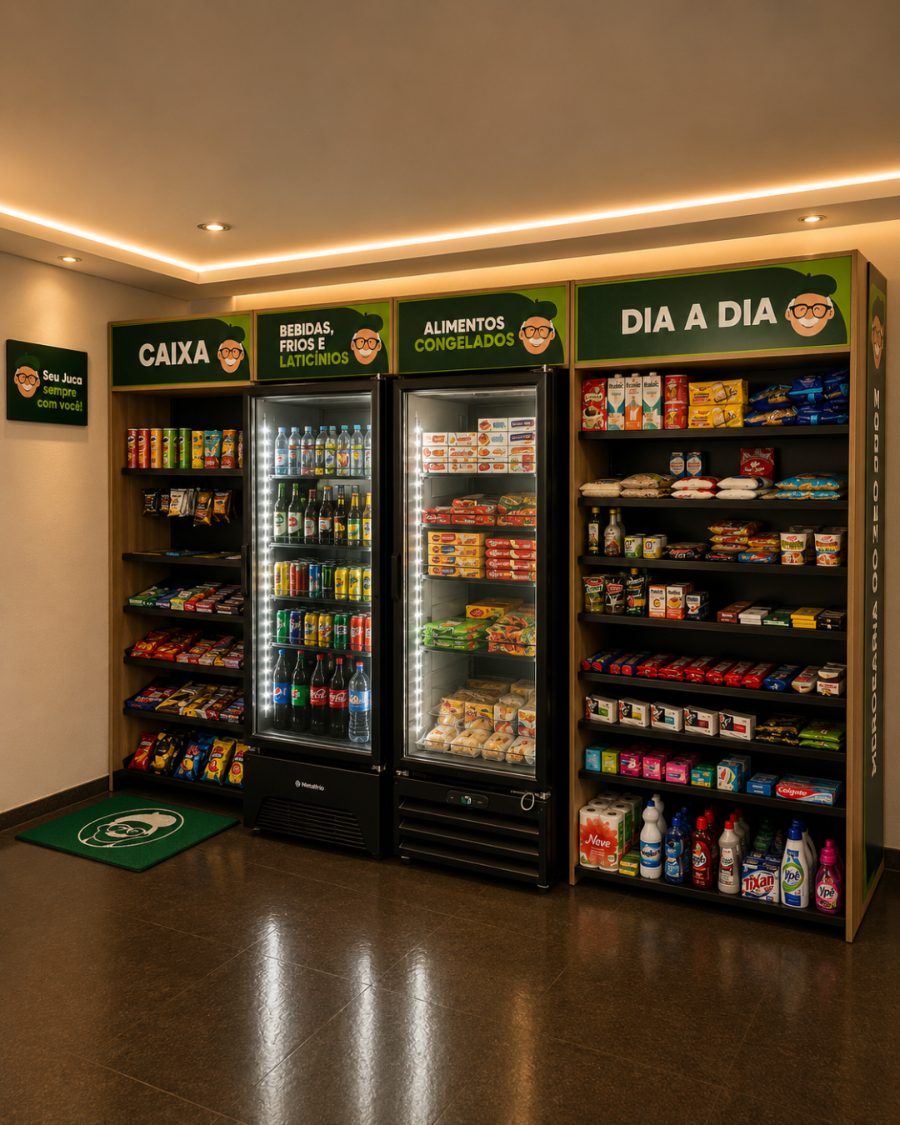 Módulo compacto do Mercadinho do Seo Juca em um hall
